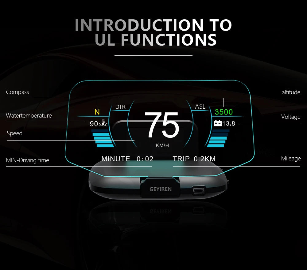 GEYIREN C1 OBD2 HUD, Introduction to UL Functions: Compass altitude, water temperature, speed, driving time, and mileage measurements.