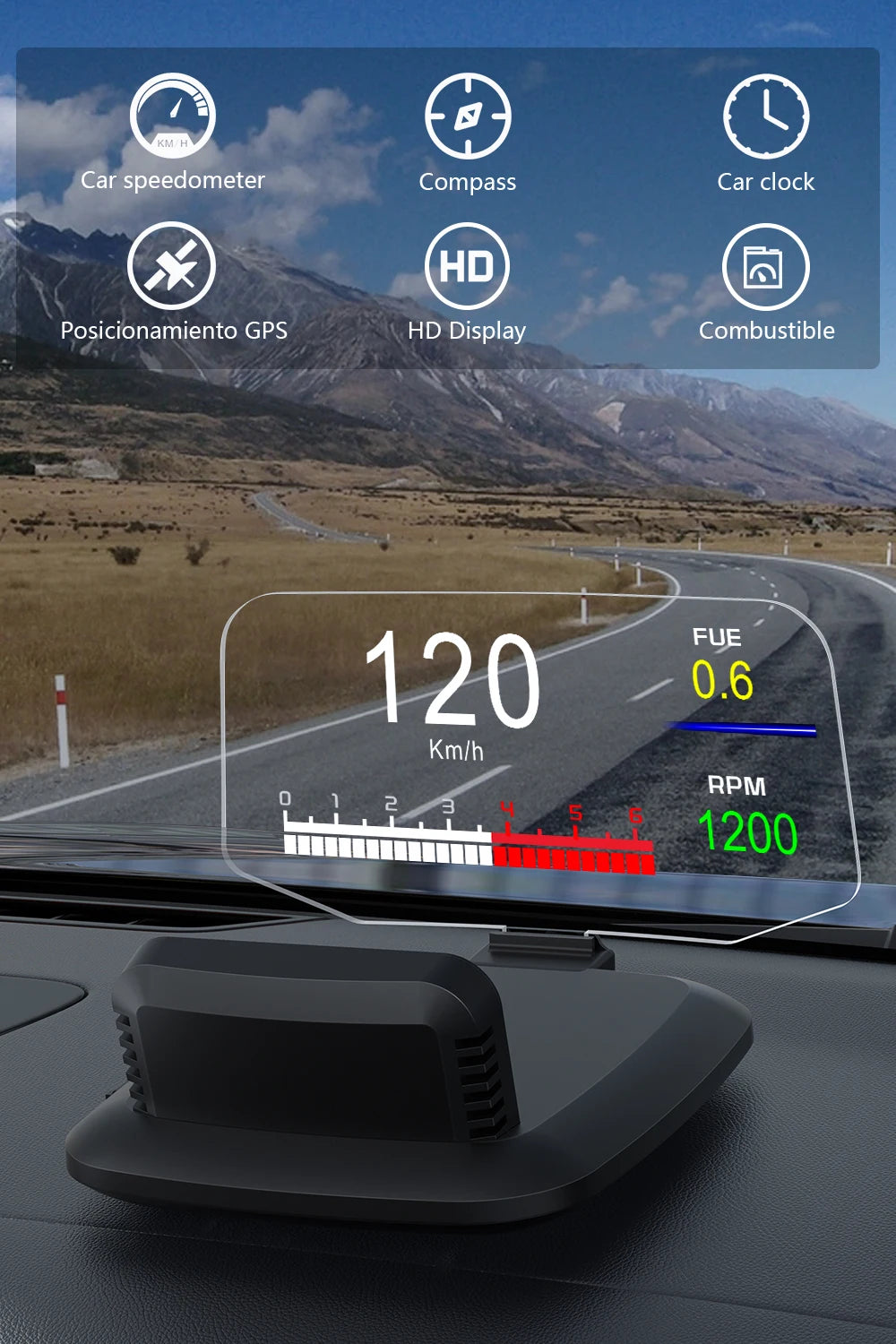 GEYIREN C1 OBD2 HUD, Car speedometer, compass, clock, and GPS provide navigation and performance metrics, including fuel consumption and engine RPM.