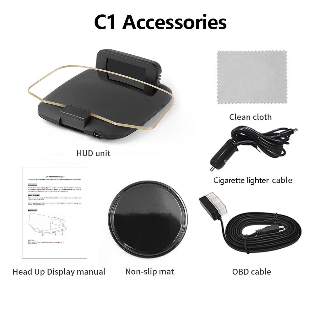 GEYIREN C1 OBD2 HUD, The package includes accessories for the GEYIREN C1, including various components for setup and use.