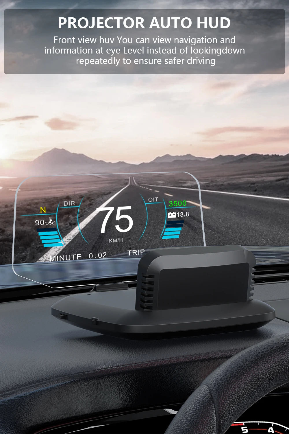 GEYIREN C1 OBD2 HUD, The PROJECTOR AUTO HUD provides front-view navigation and information at eye-level for safer driving, eliminating the need to look down.