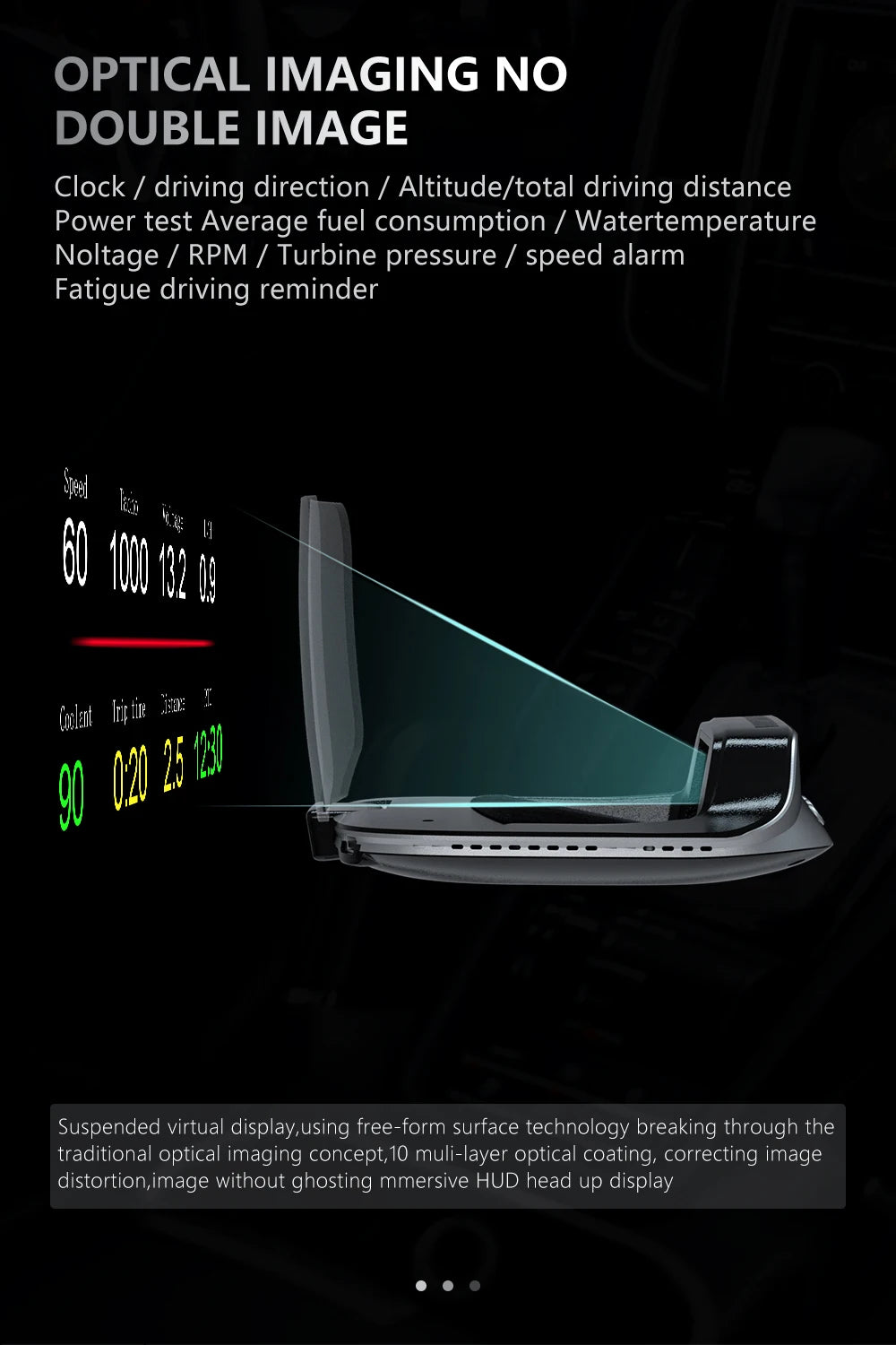 GEYIREN C3 HUD, Advanced display technology features free-form surface and multi-layer coating for improved optical imaging with no ghosting or distortion.