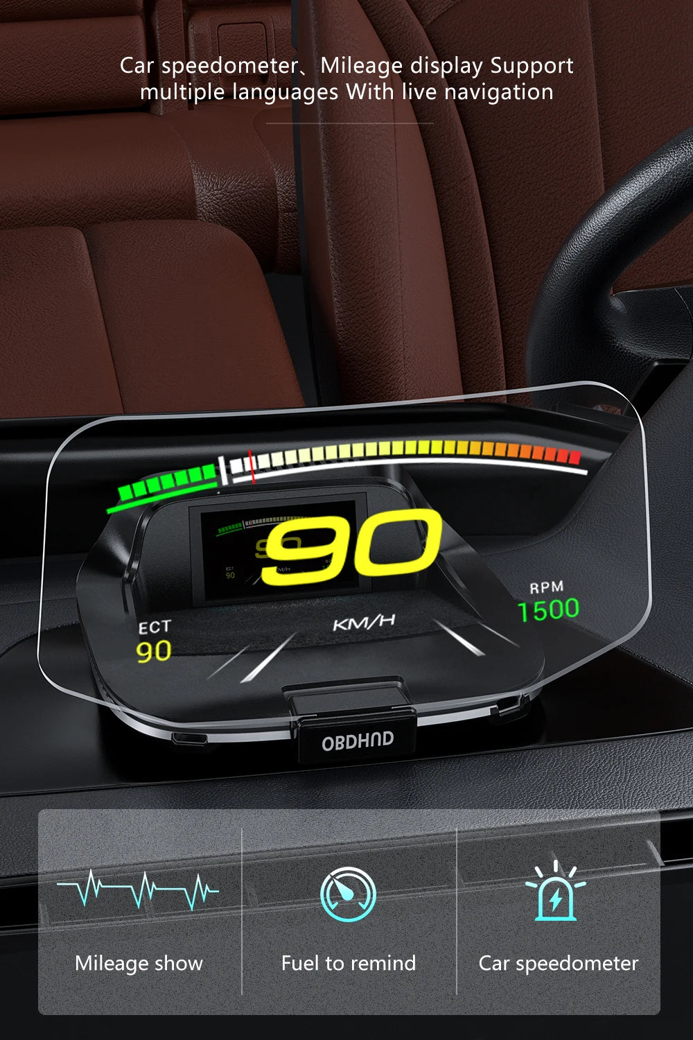 GEYIREN C3 HUD, A car speedometer and mileage display supports multiple languages with live navigation and shows speed, mileage, and fuel levels.