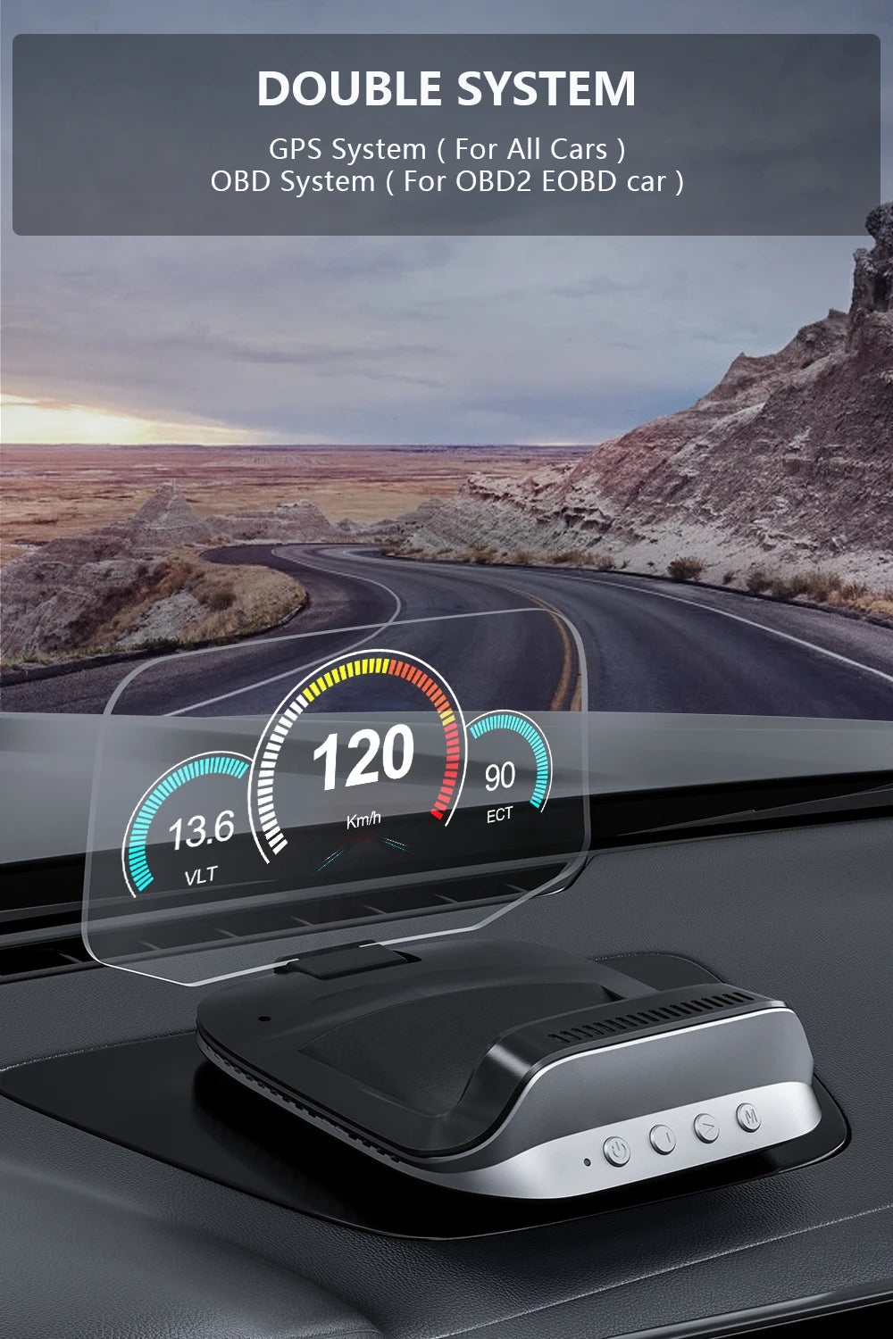 GEYIREN C3 HUD, GPS monitors all cars with OBD2 EOBD systems, tracking speed up to 90-120 km/h and voltage levels.