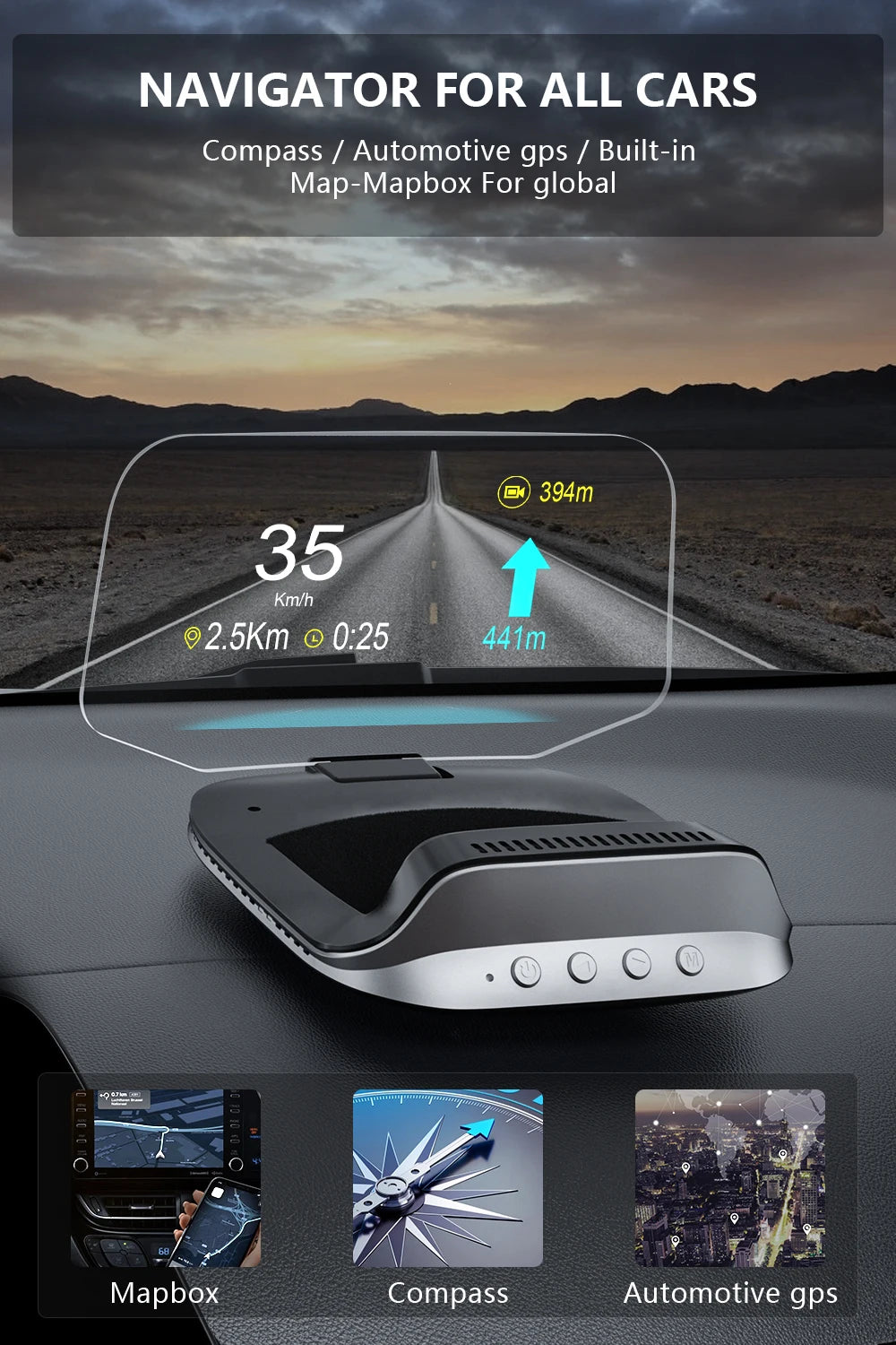 GEYIREN C3 HUD, A navigation system for all cars, featuring a compass, GPS with built-in map using Mapbox, and supports turn-by-turn directions.