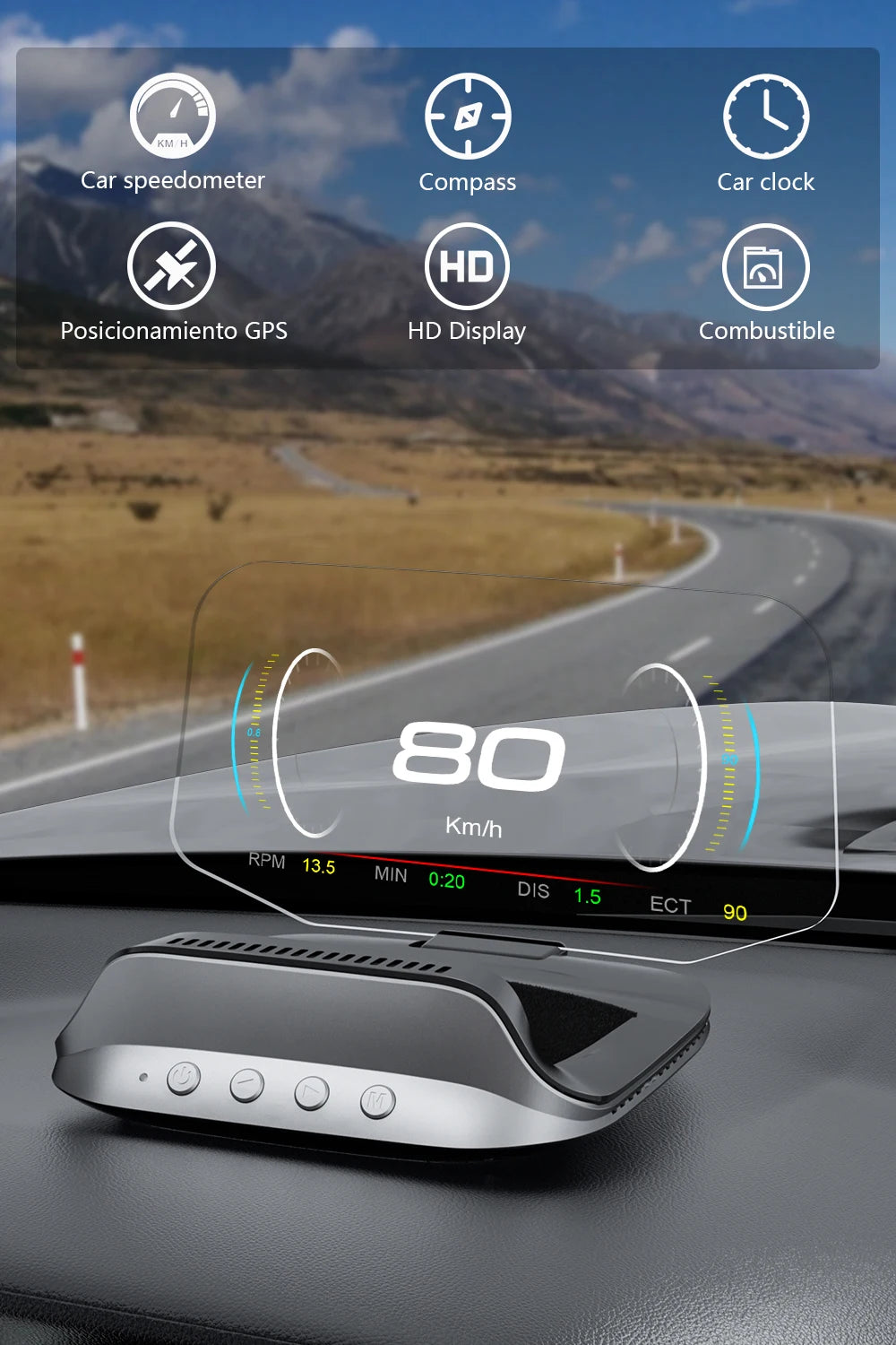 GEYIREN C3 HUD, Automotive features: speedometer, compass, clock, GPS, fuel level indicator, and distance display showing speeds up to 80 km/h and distances up to 1.5 meters.