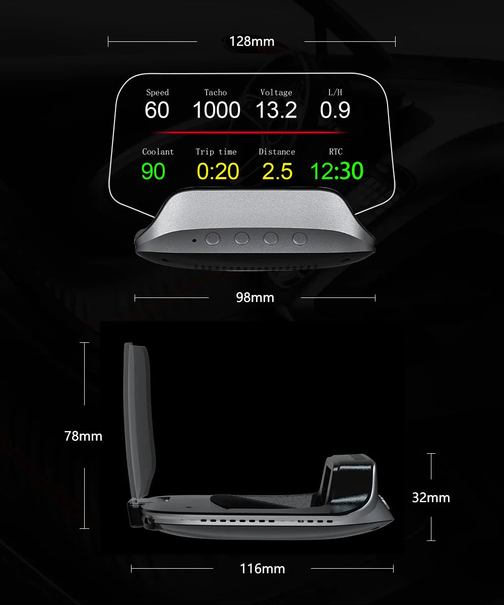 GEYIREN C3 HUD, Speed tacho voltage reading with two values, coolant trip time, and RTC showing 12 hours and 30 minutes.