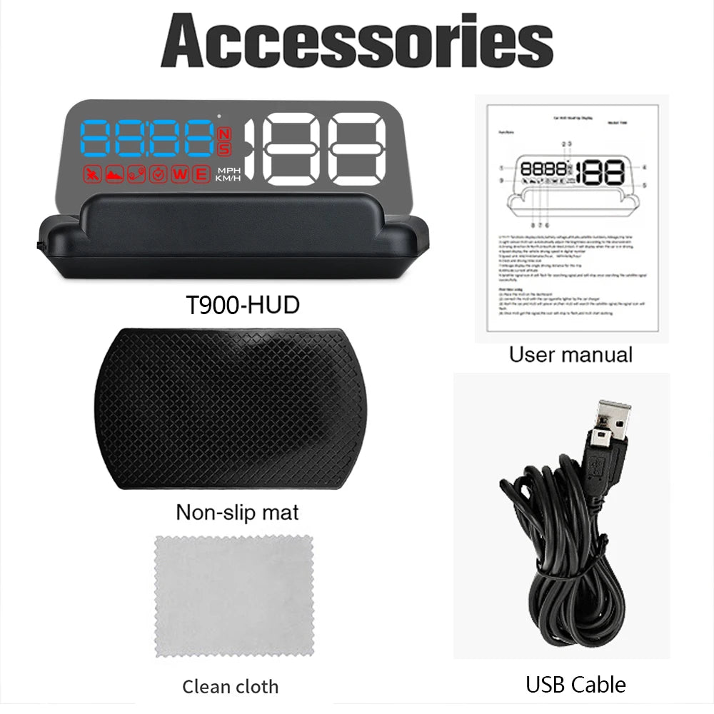 Accessories for Geyiren C500 HUD product include user manual, non-slip mat, clean cloth, and USB cable.