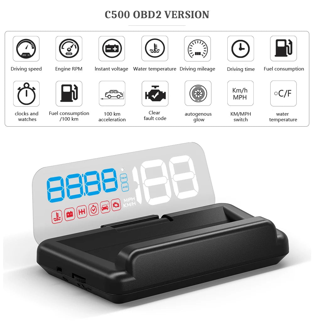 GEYIREN C500 HUD, The C500 OBD2 version provides various vehicle parameters including speed, RPM, voltage, temperature, mileage, fuel consumption, clocks, and autonomous data.