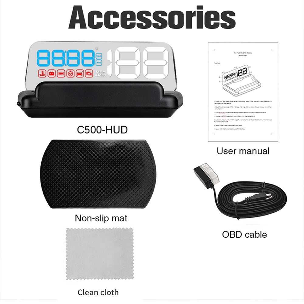 Accessories for GEYIREN C500 HUD product include user manual, non-slip mat, OBD cable, and clean cloth.