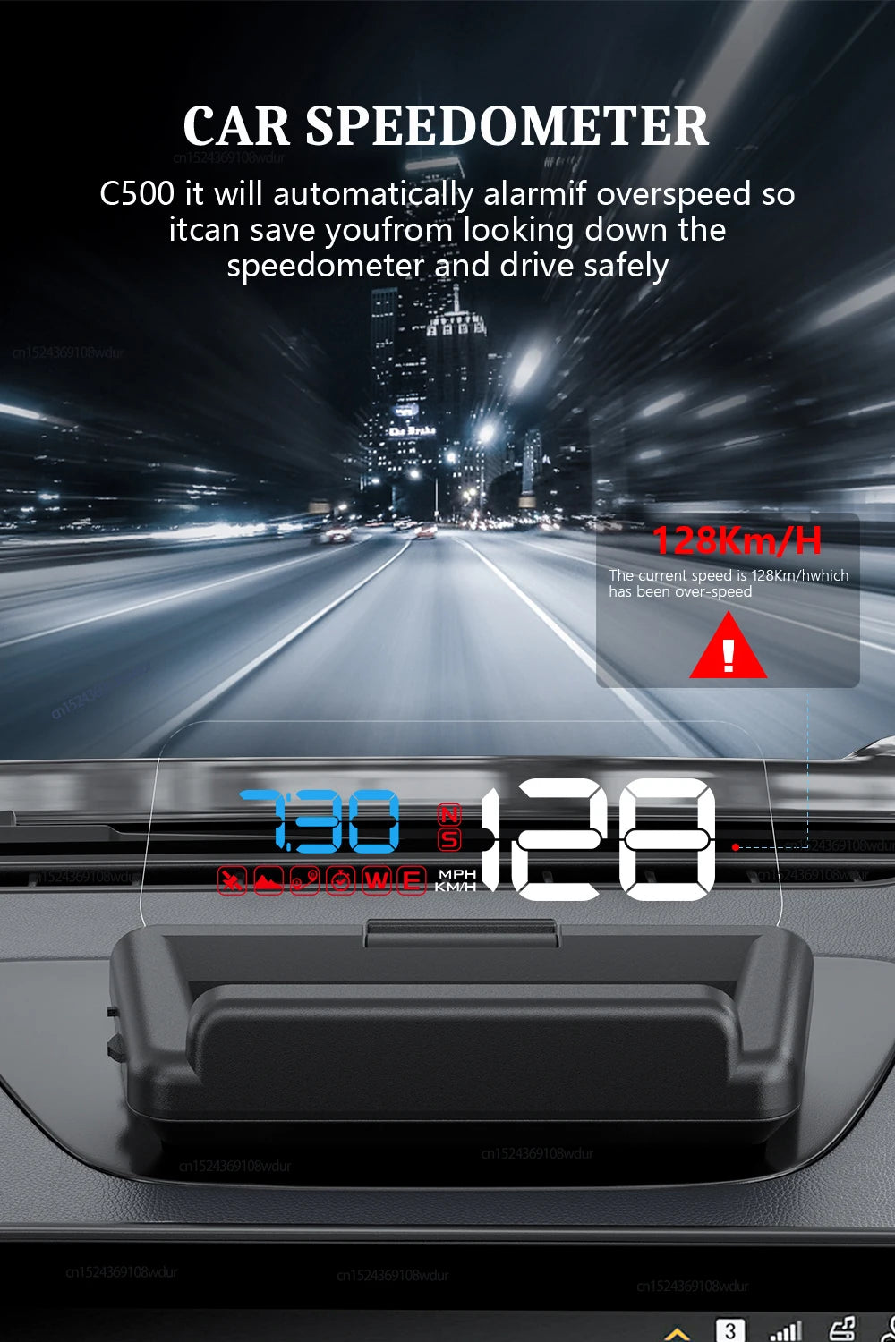 GEYIREN C500 HUD, Overspeed alert: automatic alarm and safe driving recommendation due to excessive speed (128 km/h exceeds limit by 3 times).