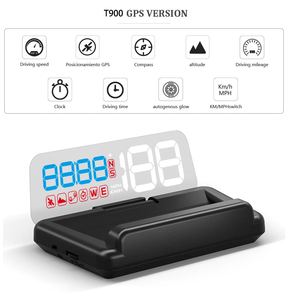 GEYIREN C500 HUD, A GPS device displaying driving speed, positioning, compass, altitude, and mileage, with features like autogenous glow and KM/MPH switch.