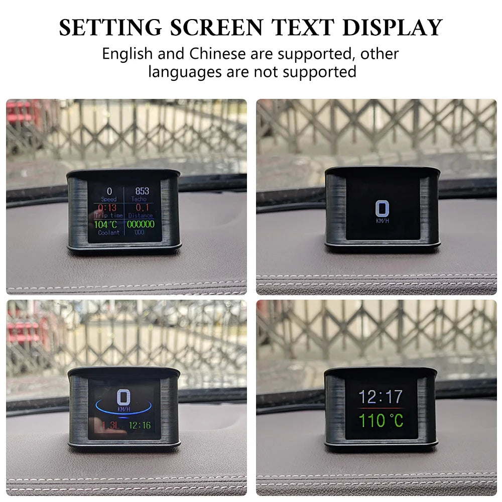 GEYIREN P10 HUD, Setting screen supports English and Chinese, other languages not supported. Speed and temperature information displayed.