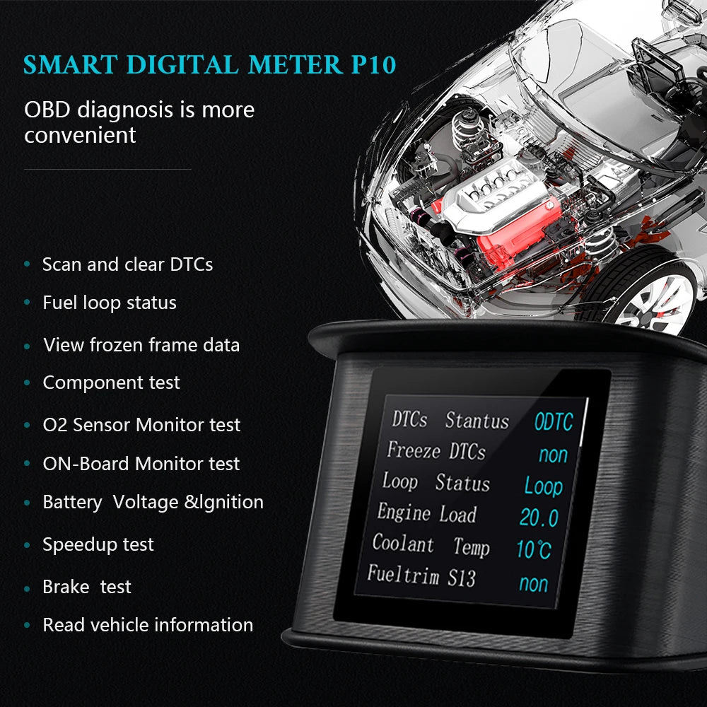 GEYIREN P10 HUD, Conduct OBD diagnosis for convenient scan and clear error codes, view fuel status and sensor data, and perform various tests on a SMART DIGITAL METER P10.