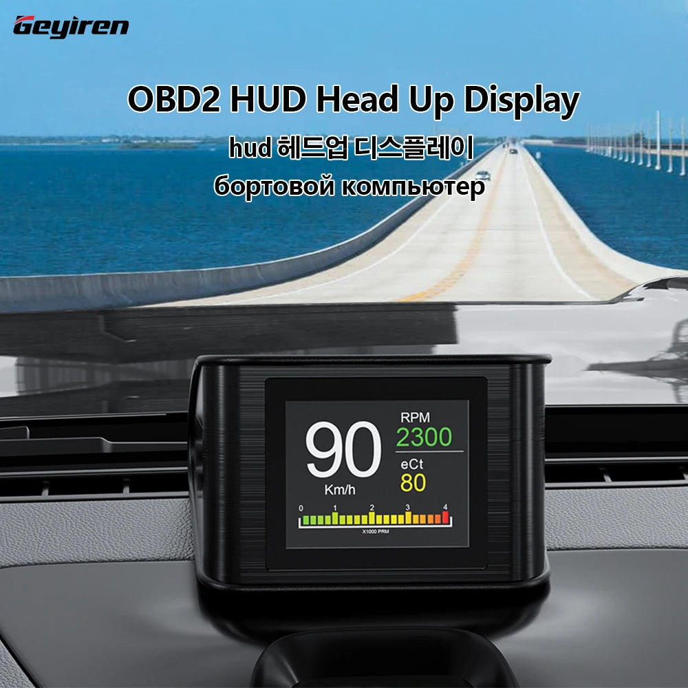 GEYIREN P10 HUD displays OBDII data, including speed, engine RPM, and fuel level, with multi-language support.