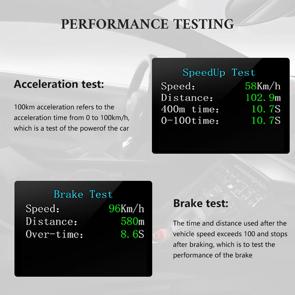 GEYIREN P10 HUD, Car performance testing includes SpeedUp Test Acceleration and Brake Test, measuring speed, distance, and acceleration times.