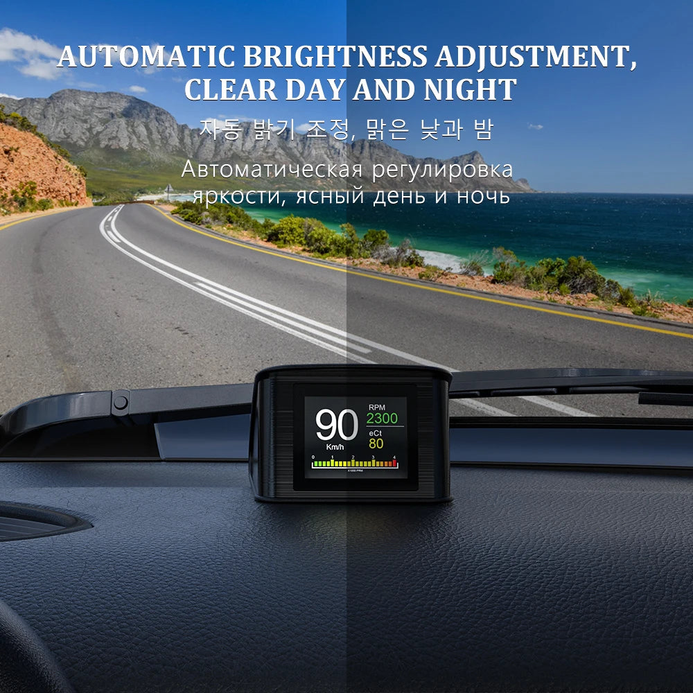 GEYIREN P10 HUD, Device features automatic brightness adjustment, clear day and night vision, and high-definition periscope adaptation for up to 23km visibility.