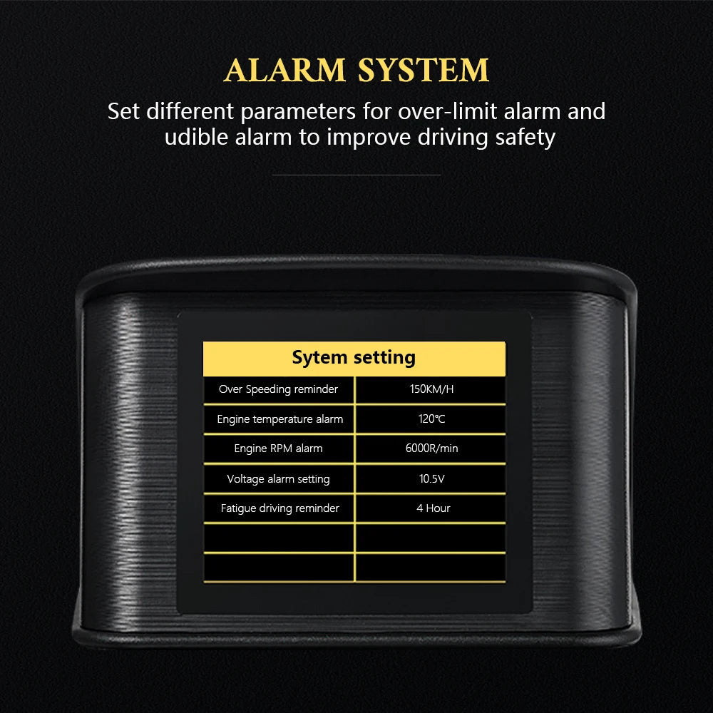 GEYIREN P10 HUD, The alarm system sets parameters for over-limit alarms to improve driving safety, including speed, temperature, RPM, voltage, and fatigue reminders.