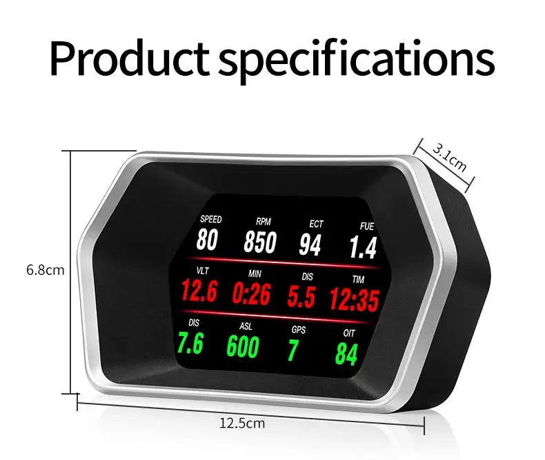 GEYIREN P17 HUD, Product specifications include speed, RPM, ECT, FUE, MIN TIM, MT, ASL, GPS, OIT, and JL metrics.