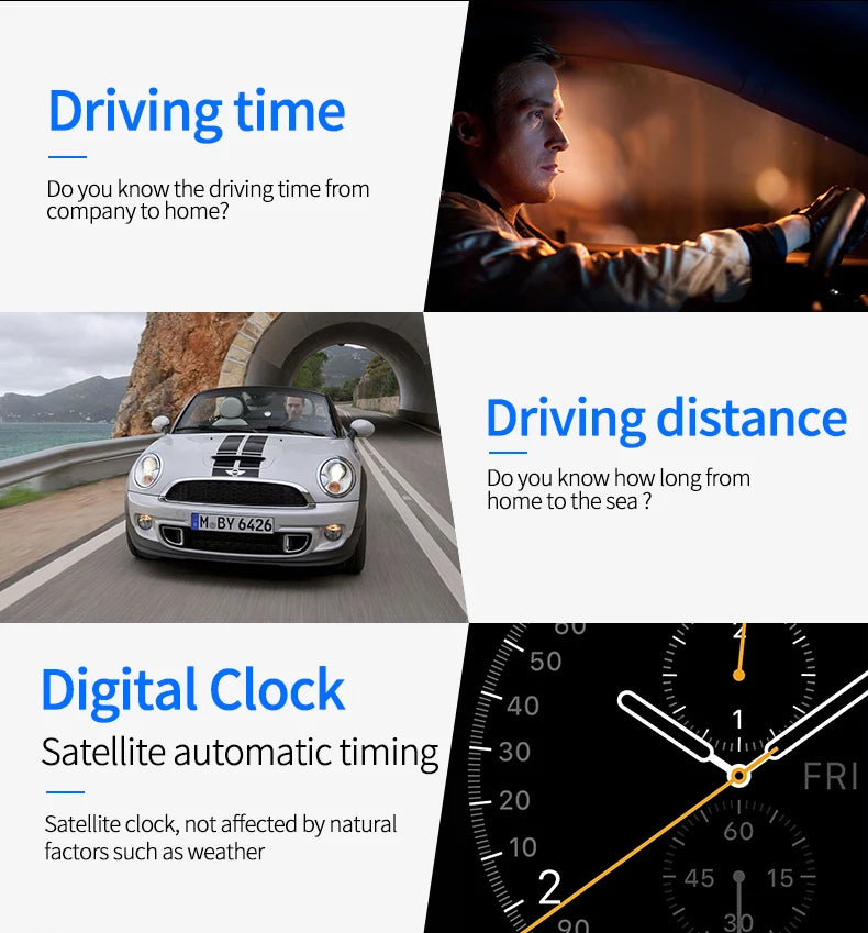GEYIREN P17 HUD, Asking about driving time from company to home and distance from home to sea, mentioning a satellite clock that unaffected by natural factors.