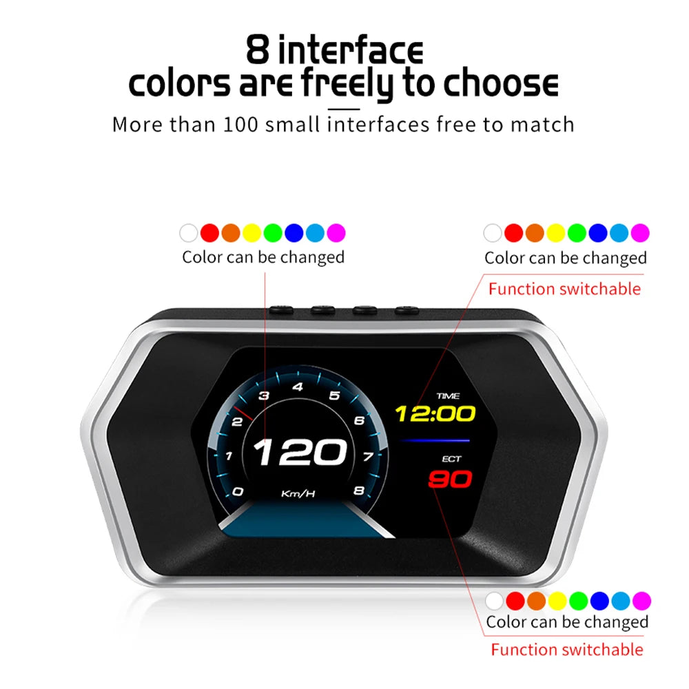 The GEYIREN P17 HUD product allows for free choice of 8 interface colors with over 100 matching small interfaces and switchable functionality.