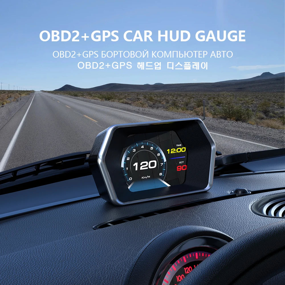 GEYIREN P17 HUD, A car HUD gauge provides OBD2 and GPS data including speed 90km/h transmission control indicator and other parameters.