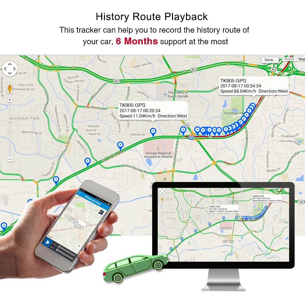 GPS, A tracker that records car history routes for up to 6 months, featuring hybrid maps with various road names.