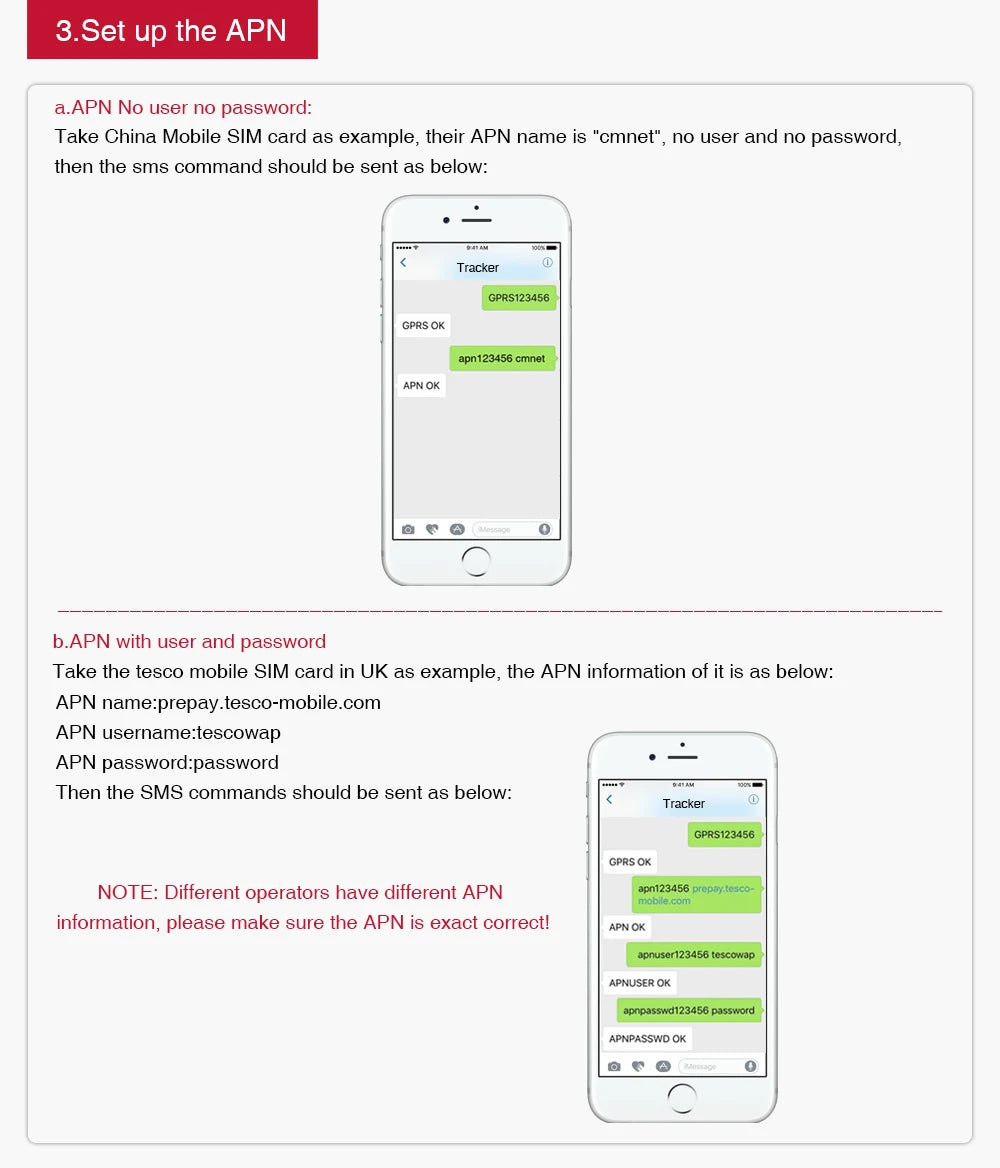GPS, APN setup instructions for China Mobile and Tesco Mobile SIM cards with no user/password required