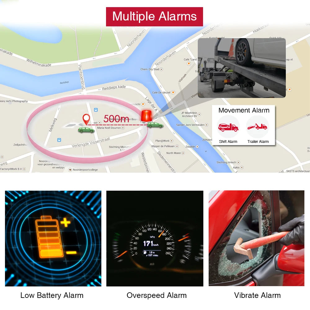 GPS, Multiple alarms for various events, including a call cancellation and vehicle maintenance.