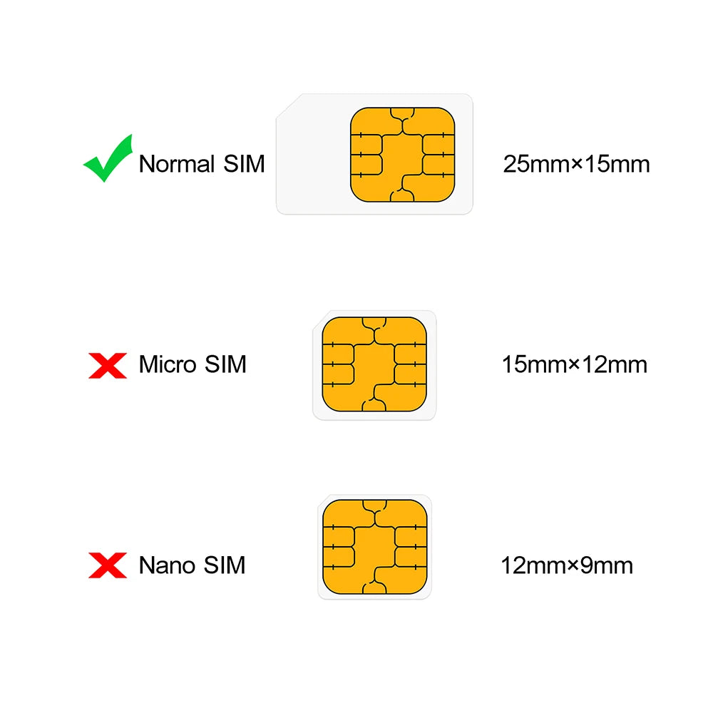 GPS, Normal, micro, and nano SIM cards are compatible with this device, with varying sizes: 25mmx1Smm, 15mmx1Zmm, and 12mmxgmm.