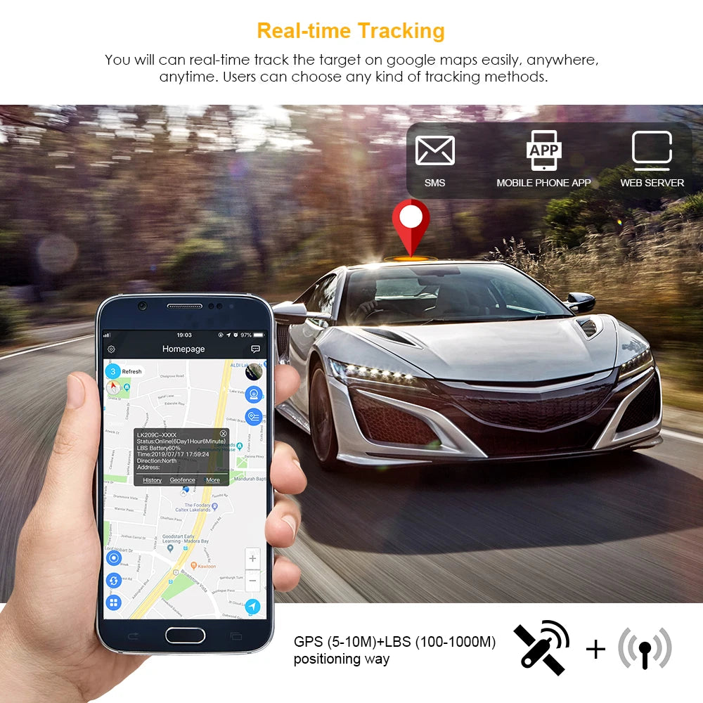 GPS, Real-time tracking on Google Maps allows for anywhere-anytime monitoring via various methods.