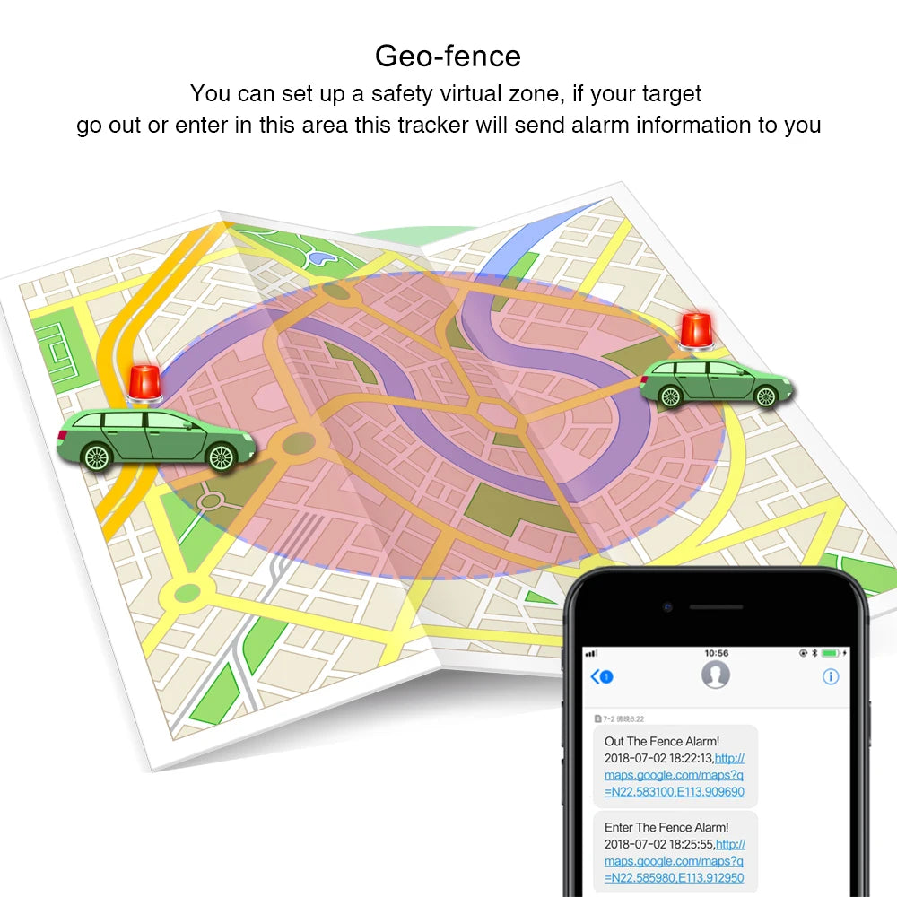 GPS, Set up a virtual safety zone and receive alerts if the target enters or exits.