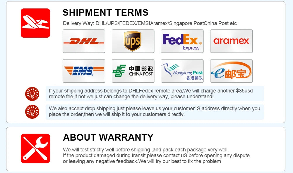 GPS, Shipping terms include DHL, UPS, FedEx, Aramex, and Singapore Post; additional fee for remote areas; drop shipping accepted.