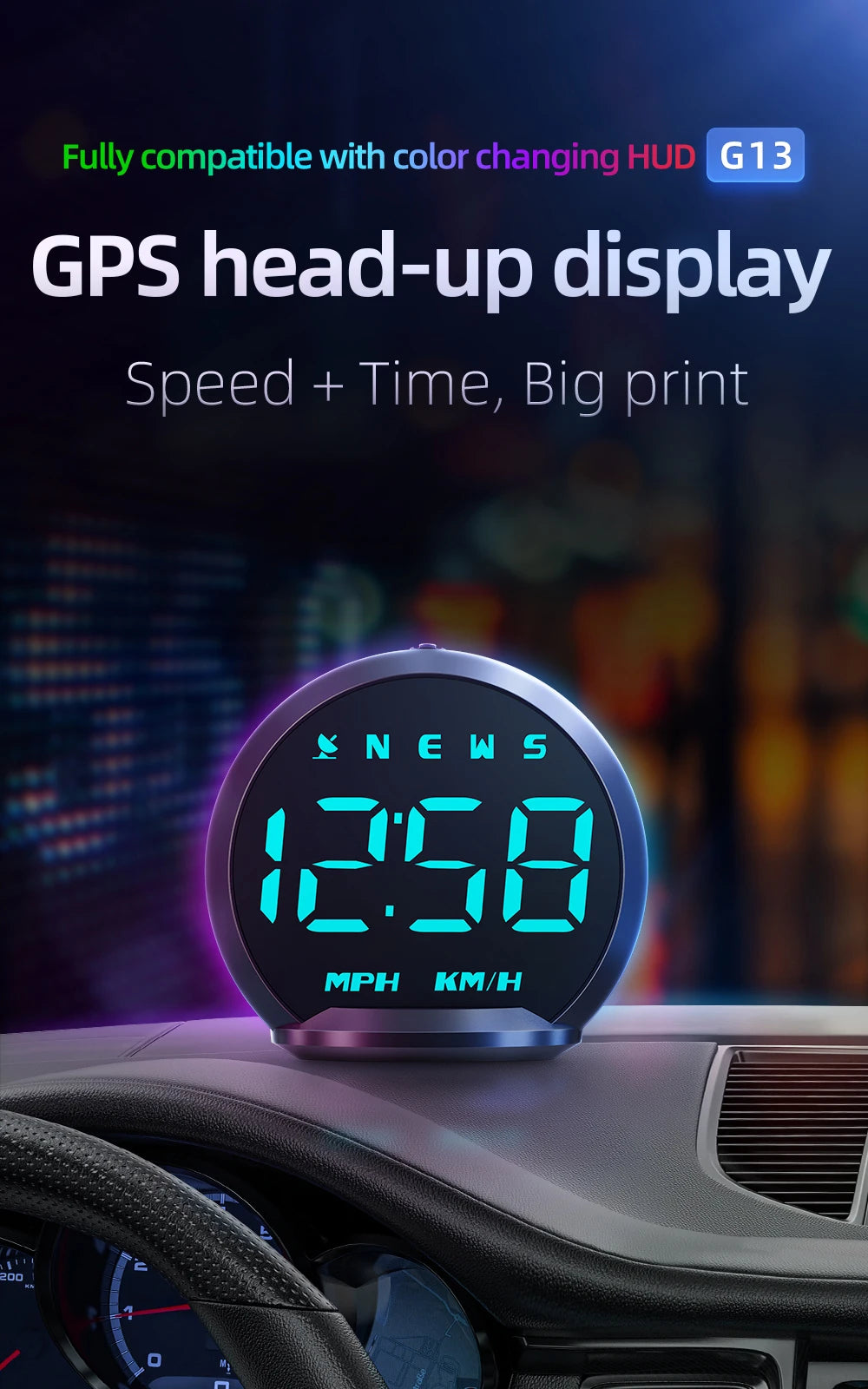 GPS-enabled head-up display showing speed, time, and large numbers up to 5MPH/8.1KMH.