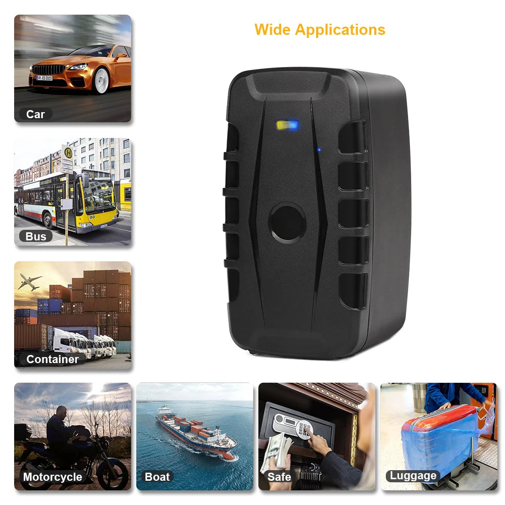 GPS tracker for various applications including car, bus, container, motorcycle, boat, and safe luggage tracking.