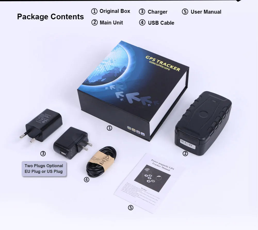 GPS tracker product image includes main unit, USB cable, charger, two plugs (EU or US) as package contents.