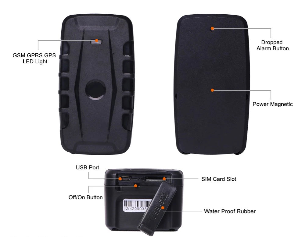 GPS tracker with features like dropped alarm, GSM/GPRS, GPS navigation, LED light, power button, magnetic attachment, USB port, SIM card slot, and waterproof design.