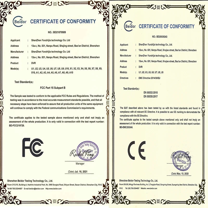 Garmin Car Dash Cam Certificate of Conformity for U1-U10 products tested according to FCC and EN standards.