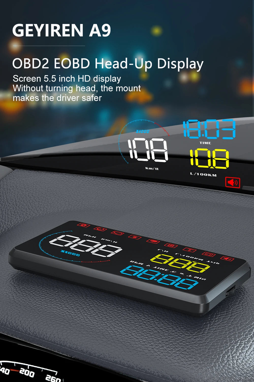 Geyiren A9 HUD, GEYIREN A9 OBD/EOBD Head-Up Display Screen with 5.5 inch HD display for safer driving.