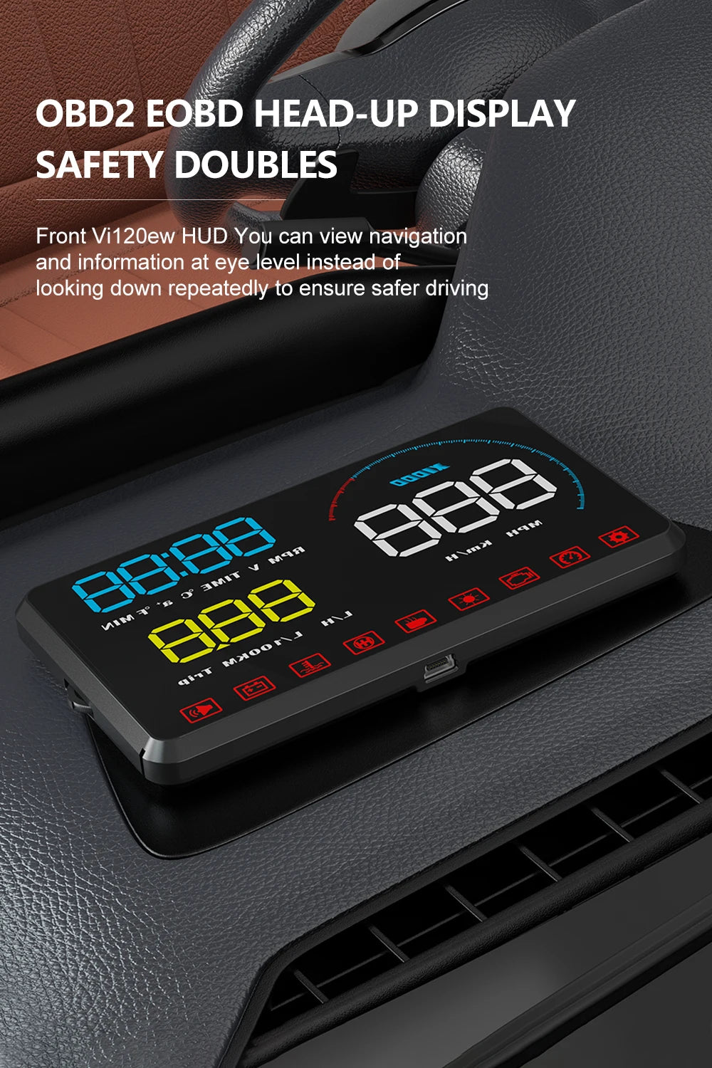 Geyiren A9 HUD, The OBD2 EOBD Head-Up Display provides a safety feature displaying navigation and information at eye level, minimizing distractions.