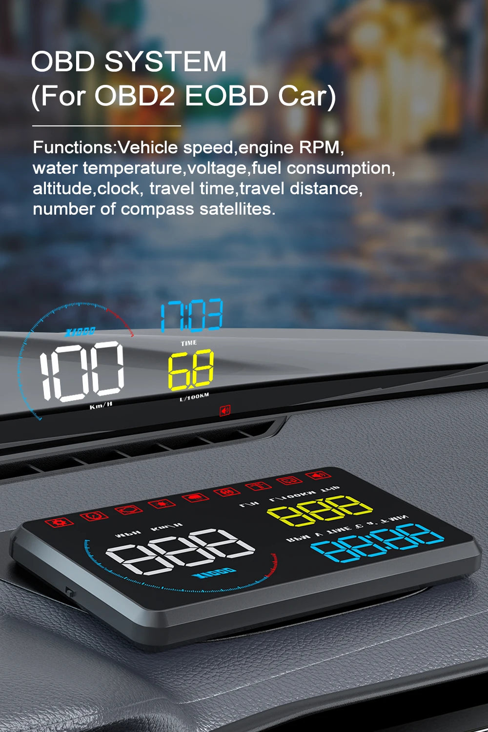 The Geyiren A9 HUD product offers an OBD system for OBD2 and EOBD cars, providing various functions.