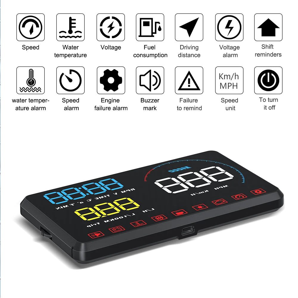 The Geyiren A9 HUD displays speed, water temp, voltage, fuel, driving temp, consumption distance, and alarm reminders, with features like speed units and buzzer failure detection.