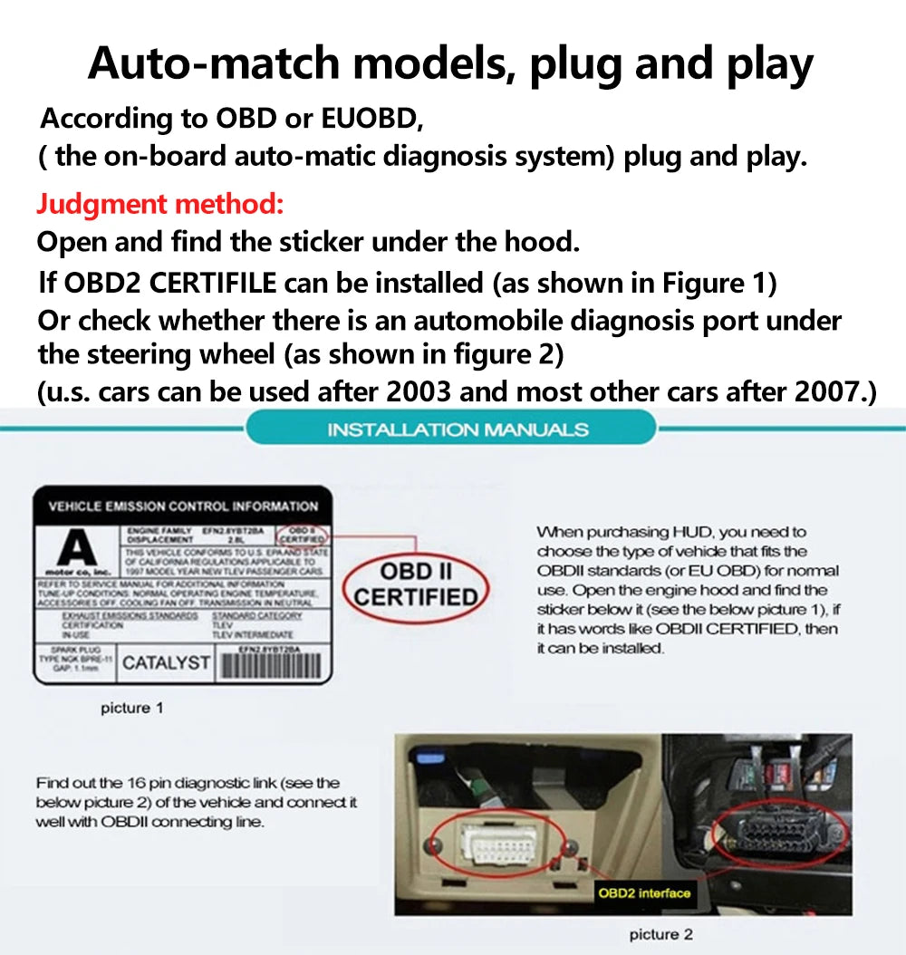 Geyiren A9 HUD, Auto-match models for plug-and-play compatibility with OBD or EU OBD systems, diagnosing issues based on vehicle sticker information.