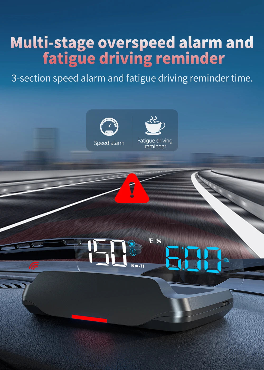 Geyiren C7 HUD, Multi-stage overspeed alarm and fatigue driving reminder with speed and distance tracking features for safe driving.