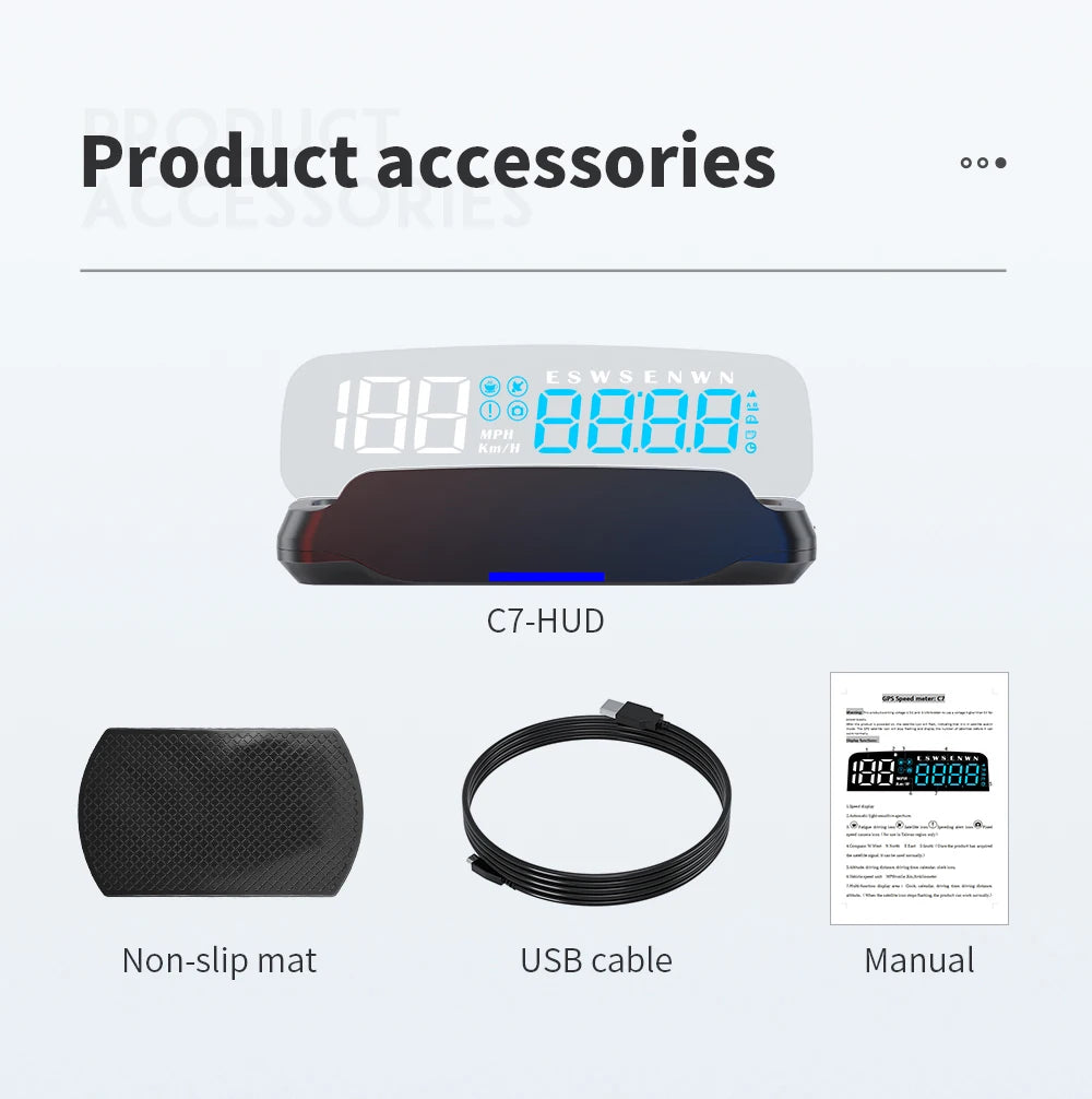 Product accessories for Geyiren C7 HUD include a non-slip mat, USB cable, and manual, making it easy to use and install.