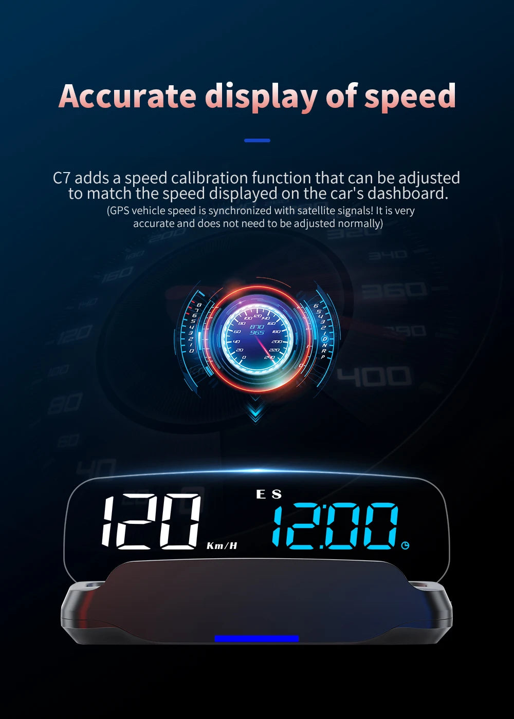 Geyiren C7 HUD, C7 adds a speed calibration function for accurate display of speed, synchronizing GPS vehicle speed with satellite signals.