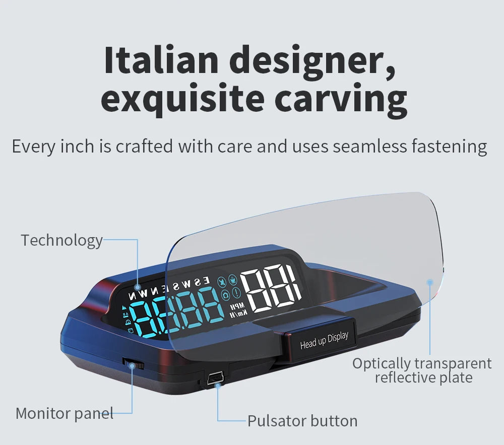 Geyiren C7 HUD, Italian designer crafts high-quality product with seamless fastening, featuring optical transparency, pulsator button, and 8W LED backlight.