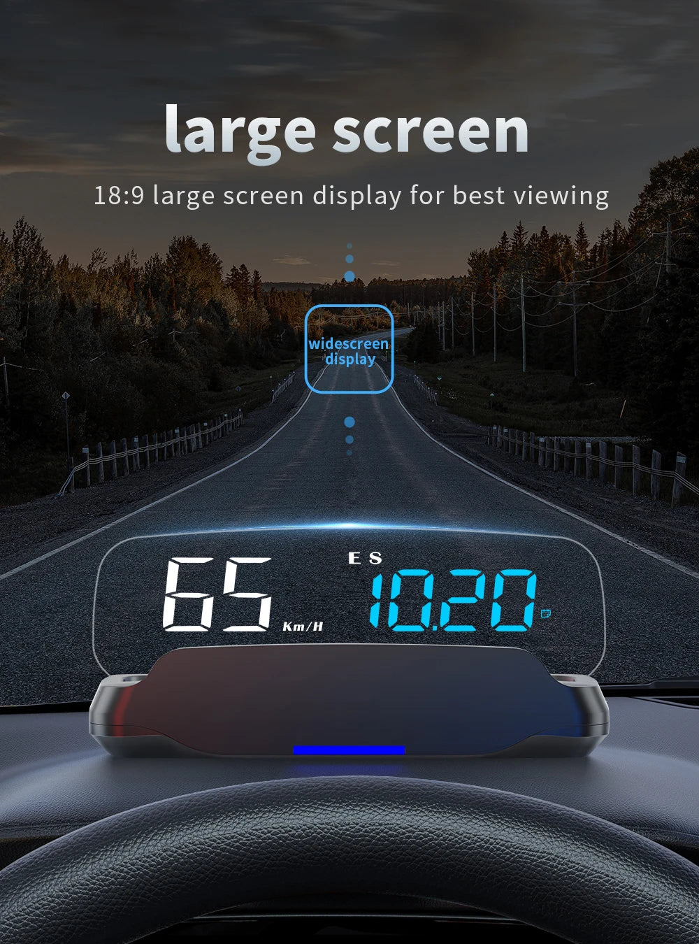 Geyiren C7 HUD, A large screen with an 18.9-inch display for optimal viewing on a widescreen device, featuring a speed of 65 kilometers per hour.