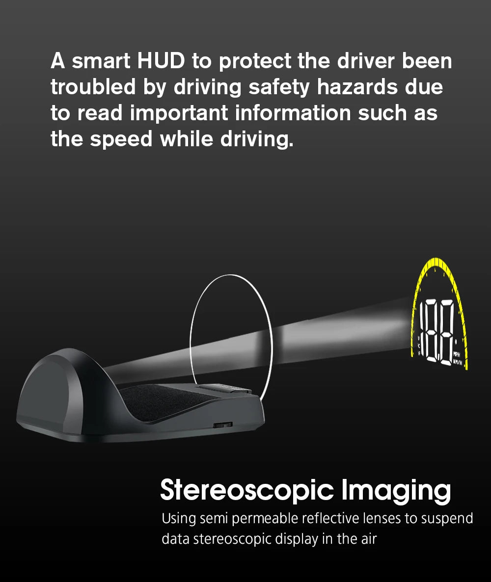 Geyiren C700 HUD, A smart HUD provides drivers with critical info like speed, using stereoscopic imaging and semi-permeable lenses for enhanced driving safety.