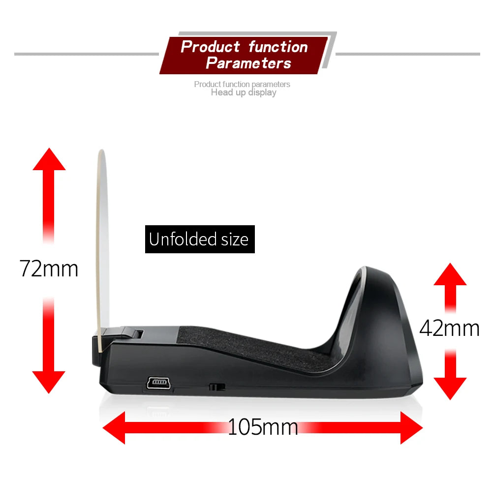 The Geyiren C700 HUD product features a head-up display with unfolded sizes measuring 72mm, 42mm, and 105mm.