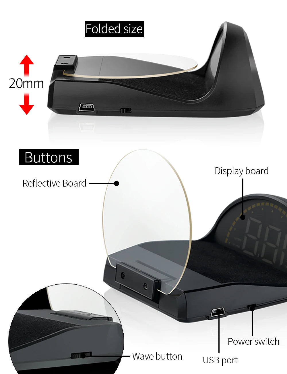 The Geyiren C700 HUD has a compact design, featuring a folded size of 20mm, with various components including buttons, displays, and connectivity options.